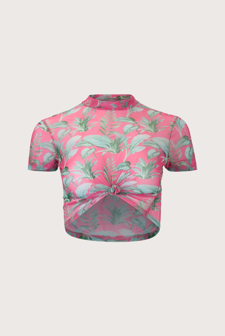 Pink floral mesh top