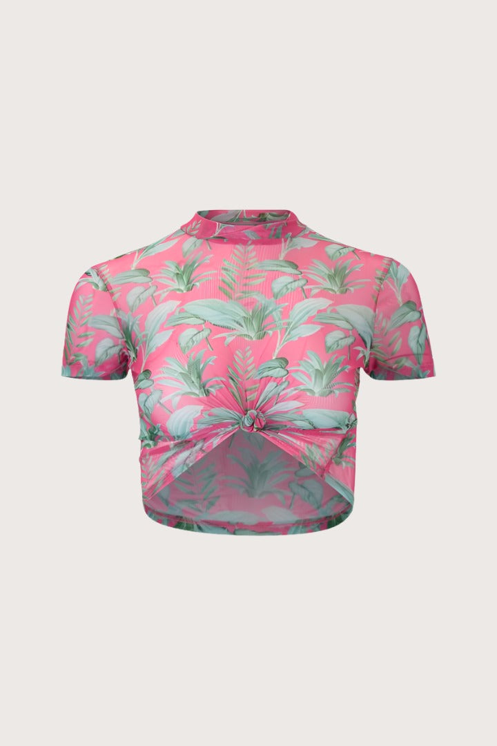 Pink floral mesh top